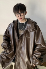 港风连帽鳄鱼纹PU皮衣大码情侣休闲冲锋衣夹克男JK8744P90控128，男装夹克，星座226-1