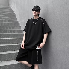 拉链高级感短袖T恤运动短裤两件套男夏季潮牌休闲套装F667，男装牛仔裤，星座1116A-1（原606A）