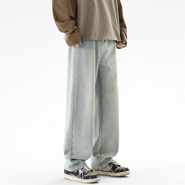 港风做旧高街直筒牛仔裤男士宽松休闲韩版潮流休闲阔腿长裤子P50，男装牛仔裤，星座205-1