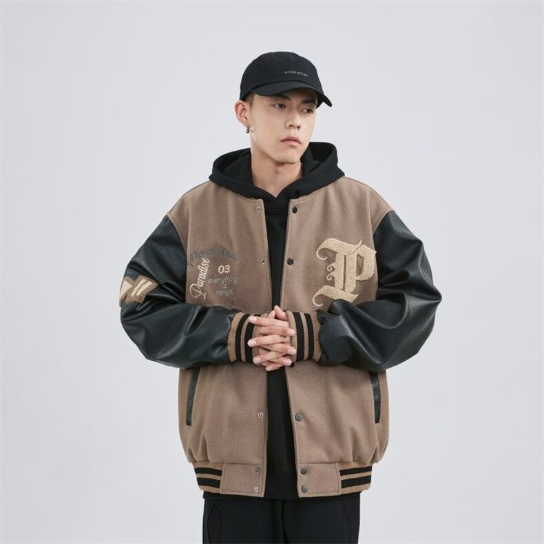 J9863-P62美式复古潮流新款拼接棒球服宽松休闲夹克外套图片
