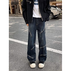牛仔裤男美式高街潮牌痞帅炸街扎染拉链宽松微喇裤子RK2350-P56，男装牛仔裤，星座412-3