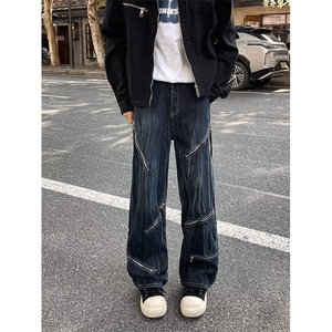 牛仔裤男美式高街潮牌痞帅炸街扎染拉链宽松微喇裤子RK2350-P56图片