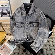 新款复古水洗做旧短款牛仔套装男翻领夹克外套上衣JK08352-P78，男装休闲套装，星座308B-1