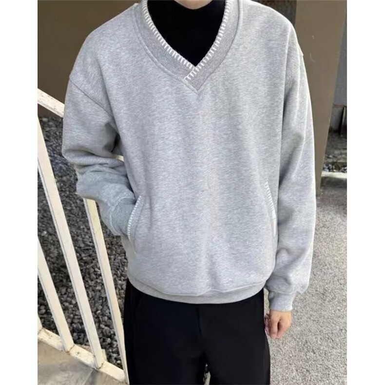 灰色基础款V领卫衣男女简约ins百搭休闲套头长袖体恤上衣 WA41图片