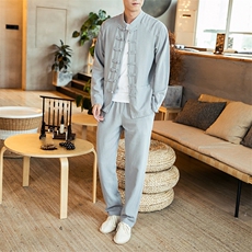 风两件套秋季长袖套装男宽松棉麻古装汉服禅服唐装TZ03/P120，男装休闲套装，钱塘713
