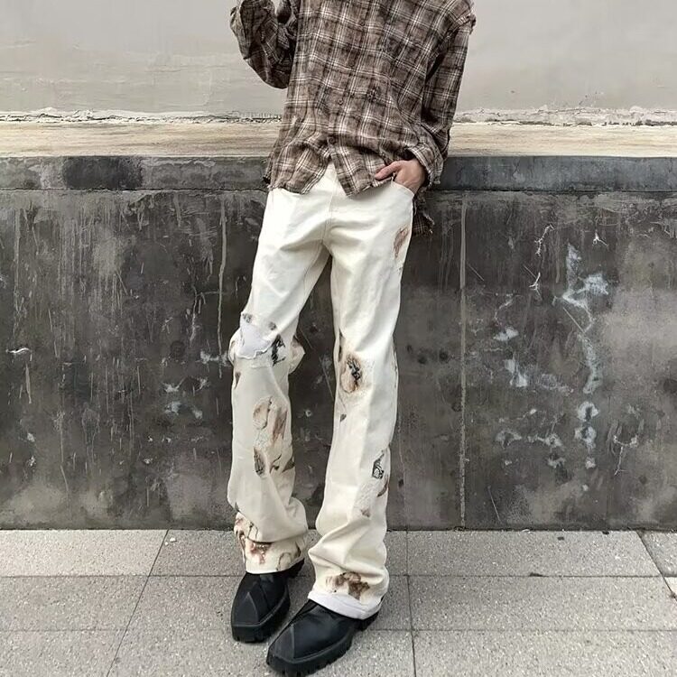 网络图现货新款美式火焰蕾丝宽松牛仔裤男女夏季拖地裤RB07-60,男装牛仔裤,星座1005-4