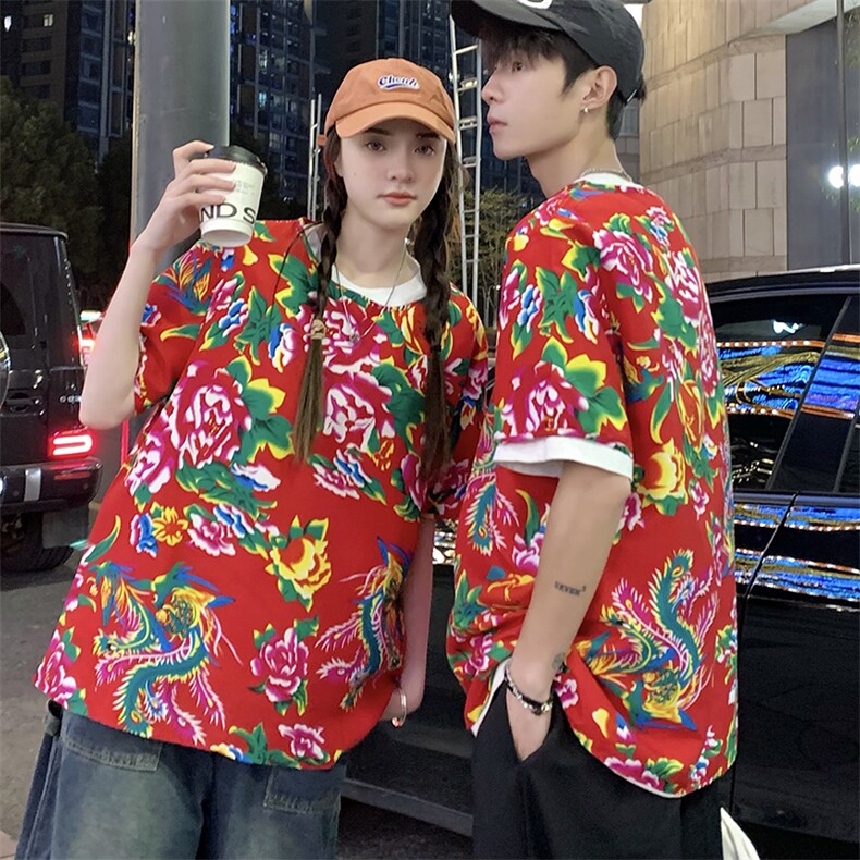 HT203夏情侣东北大花民族风牡丹花圆领短袖T恤青少年大码男女潮，男装T恤，星座115A(原星座507）