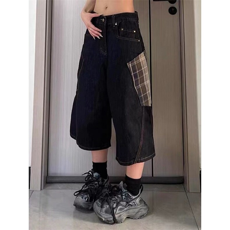 水洗做旧设计感格纹拼接牛仔七分裤春夏季宽松显瘦高腰NA332,男装牛仔裤,星座1116A（原606A-3）