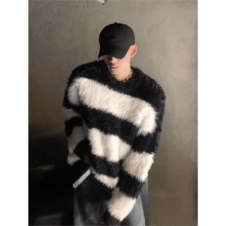 网图水貂绒毛衣慵懒风加厚黑白撞色条纹针织衫A025-XM17174-P52,男装针织衫/毛衣,电商A025