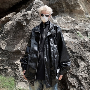机车服男款潮牌宽松工装PU皮衣外套秋季高街潮流休闲痞帅立领夹克图片