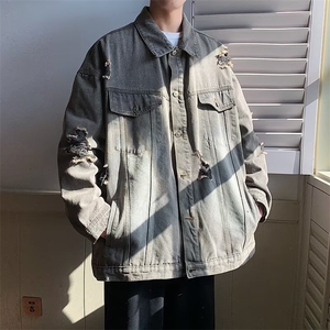2024新款ins做旧磨白牛仔外套破洞宽松情侣装休闲夹克 W6914-P65图片