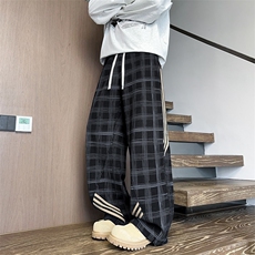 K25103批45控68美式黑金三条杠男裤子格子直筒裤休闲裤拖地裤长裤，男装休闲裤，电商D229A