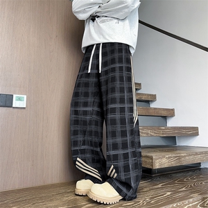 K25103批45控68美式黑金三条杠男裤子格子直筒裤休闲裤拖地裤长裤图片