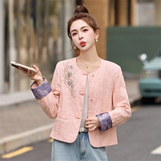 粉色新中式刺绣短款外套女2025春夏新款洋气减龄薄款盘扣唐装上衣，女装短外套，依如秀(原杭风阁)