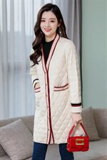 羽绒服白鸭绒90绒小香风纯色长袖中长款口袋排扣修身拼接，女装羽绒服，海爱依仁