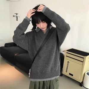NeedMoney假两件V领仿羊绒慵懒风polo氛围感老钱针织衫毛衣男女图片