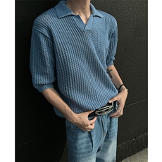 24M05-P50现货男女高街ins潮流夏季短袖套头毛衣蓝色半袖上衣，男装T恤，电商B327