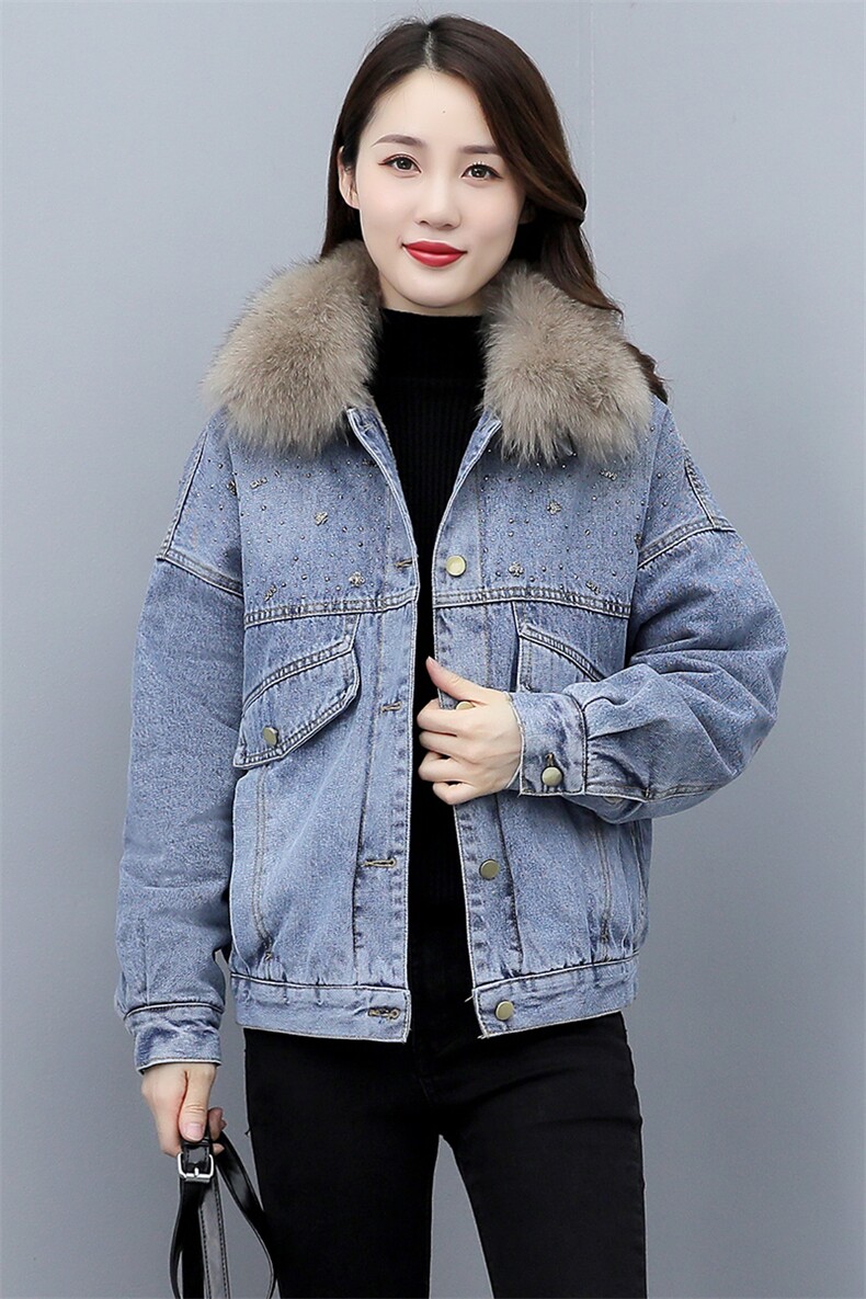 冬季加绒烫钻时尚翻领口袋单排扣女装牛仔外套配狐狸毛毛领,女装短外套,微微衣阁