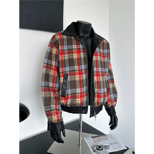 美式高街双面穿格子PU皮夹克男款美式春秋季潮牌复古宽松拼接外套,男装皮衣,星座601-1