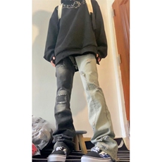 高街vibe破洞毛边撞色拼接微喇叭牛仔裤男女长裤潮裤子9分-CK928，男装牛仔裤，星座601-2