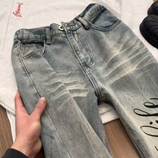 微喇牛仔裤春秋美式高街vibe裤子修身显瘦直筒弯刀裤情侣款牛仔裤，男装牛仔裤，星座302B