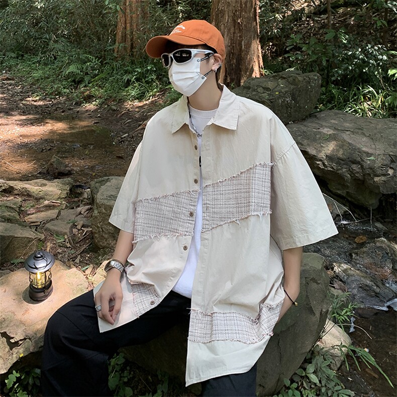 夏季宽松美式复古港风拼接短袖衬衫设计感CS0110-P38,男装Polo衫,星座308B-2