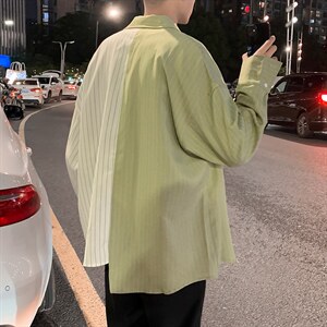 条纹衬衫拼色韩版宽松潮流百搭帅气衬衣ins网红潮上衣 W1173-P35图片