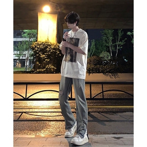 欧美hiphop街头破洞牛仔裤直筒微喇叭修身vibe美式乞丐裤潮牌图片