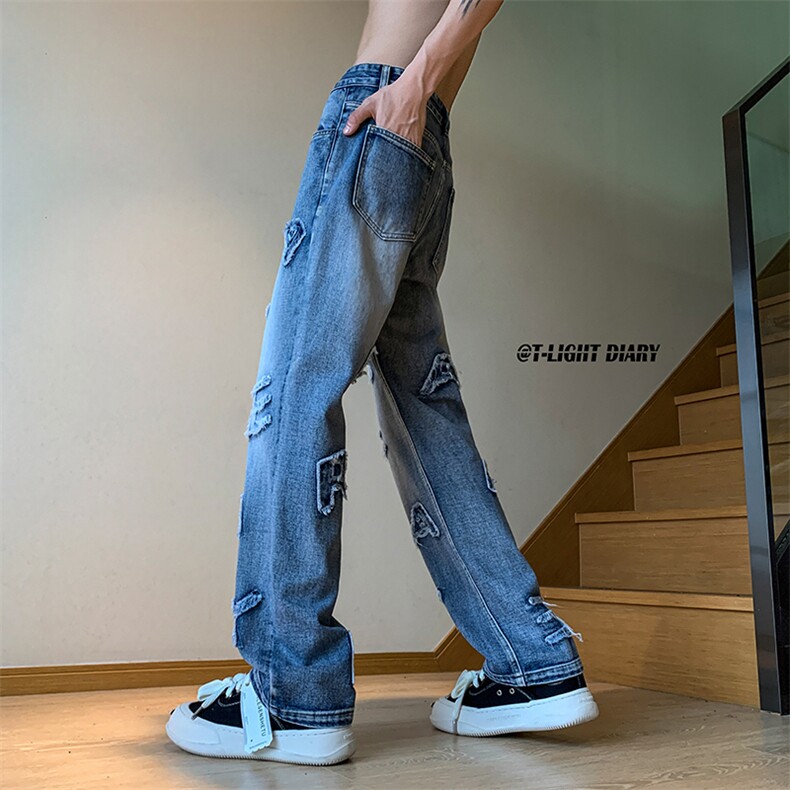 B221美式ins高街小众立体毛边字母直筒牛仔裤LK23025-P60控78,男装牛仔裤,电商B221