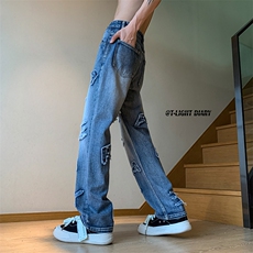 B221美式ins高街小众立体毛边字母直筒牛仔裤LK23025-P60控78，男装牛仔裤，电商B221