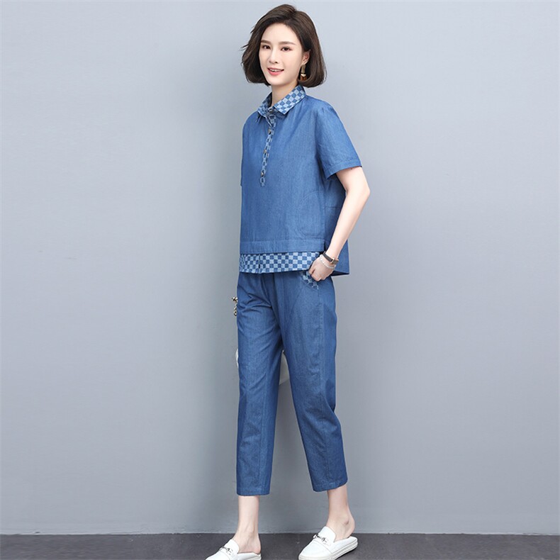 休闲妈妈洋气套装2022夏新款大码牛仔上衣裤子两件套,女装套装/套裙,忆绮罗
