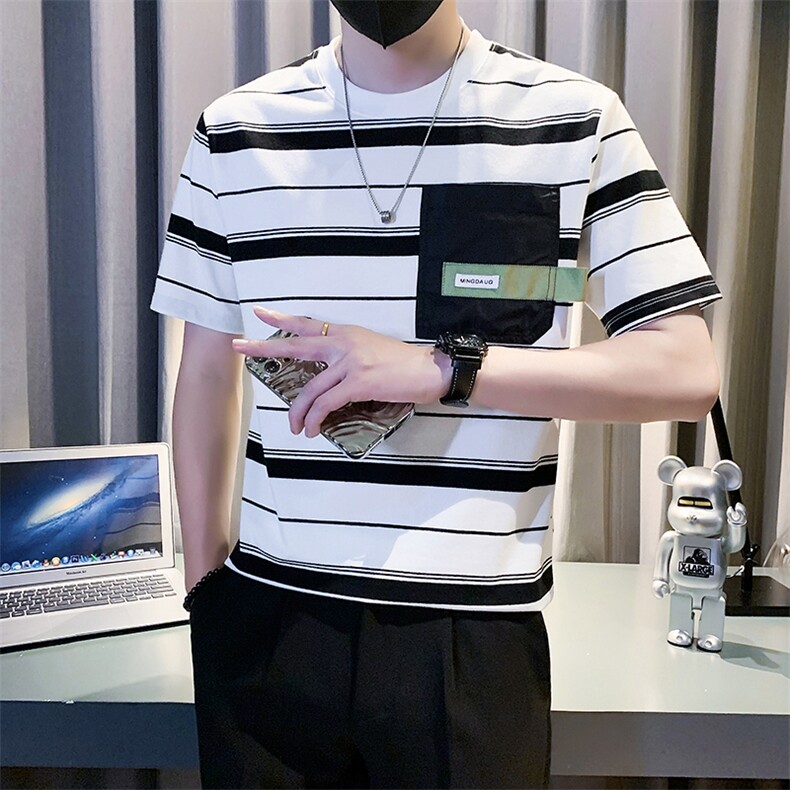 2025新款夏季短袖T恤男潮牌条纹圆领半袖体恤A313-1-23030-P48，男装T恤，电商A313-1