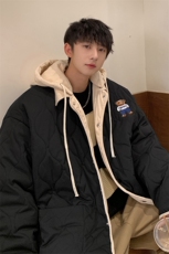 1港风灯芯绒拼接连帽假两件大码M-5XL小熊棉衣男8713P135控168，男装棉衣，星座226-2