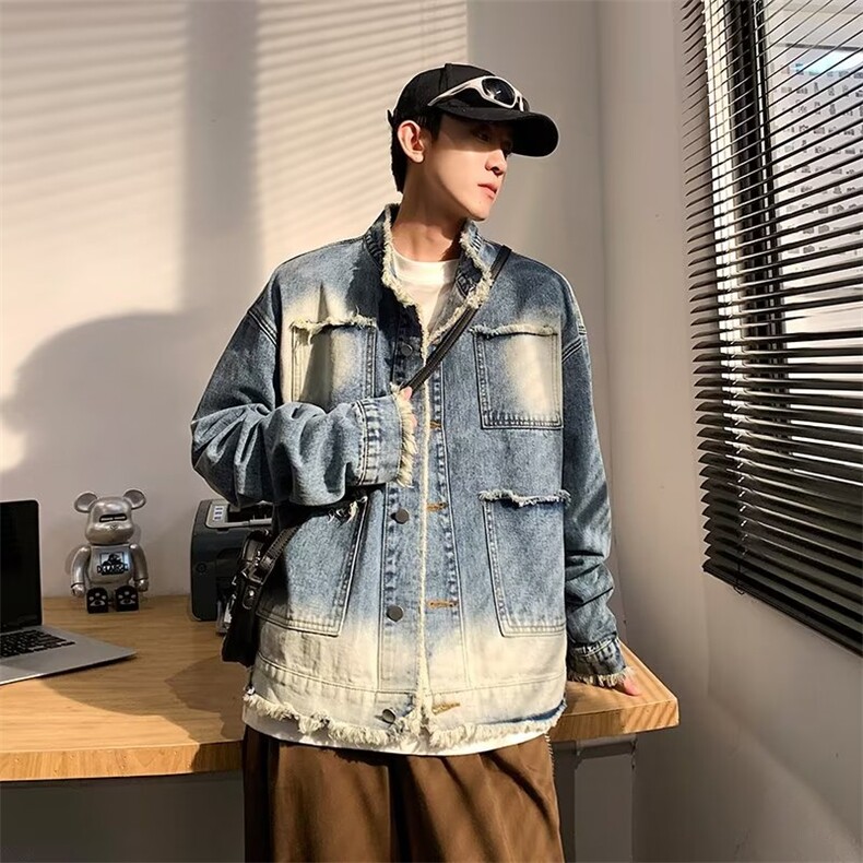 高街毛边牛仔外套男韩版潮流渐变色个性2023秋冬ins夹克W5020-P62，男装大码男装，星座412-2