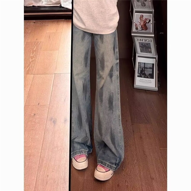 复古涂鸦牛仔裤男秋季美式高街vibe裤子弯刀宽松阔腿裤L91455-P46图片