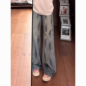 复古涂鸦牛仔裤男秋季美式高街vibe裤子弯刀宽松阔腿裤L91455-P46图片