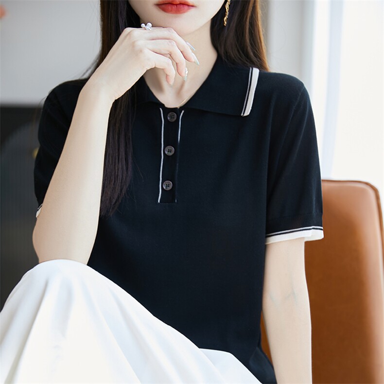 polo领拼色短袖2025夏季新款减龄t恤女士洋气别致上衣服,女装T恤,广悦羊绒