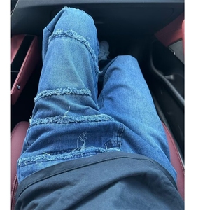 美式复古毛边牛仔裤男女阔腿直筒高街小众宽松拼接长裤K70344-p55图片