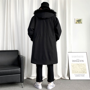 加绒风衣男中长款棉衣服男派克服男女大衣男毛领F659-P115卡其图片