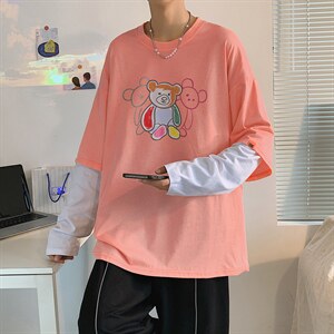 中性秋季潮流印花全棉百搭打底衫假两件长袖T恤  T152 P35控48图片
