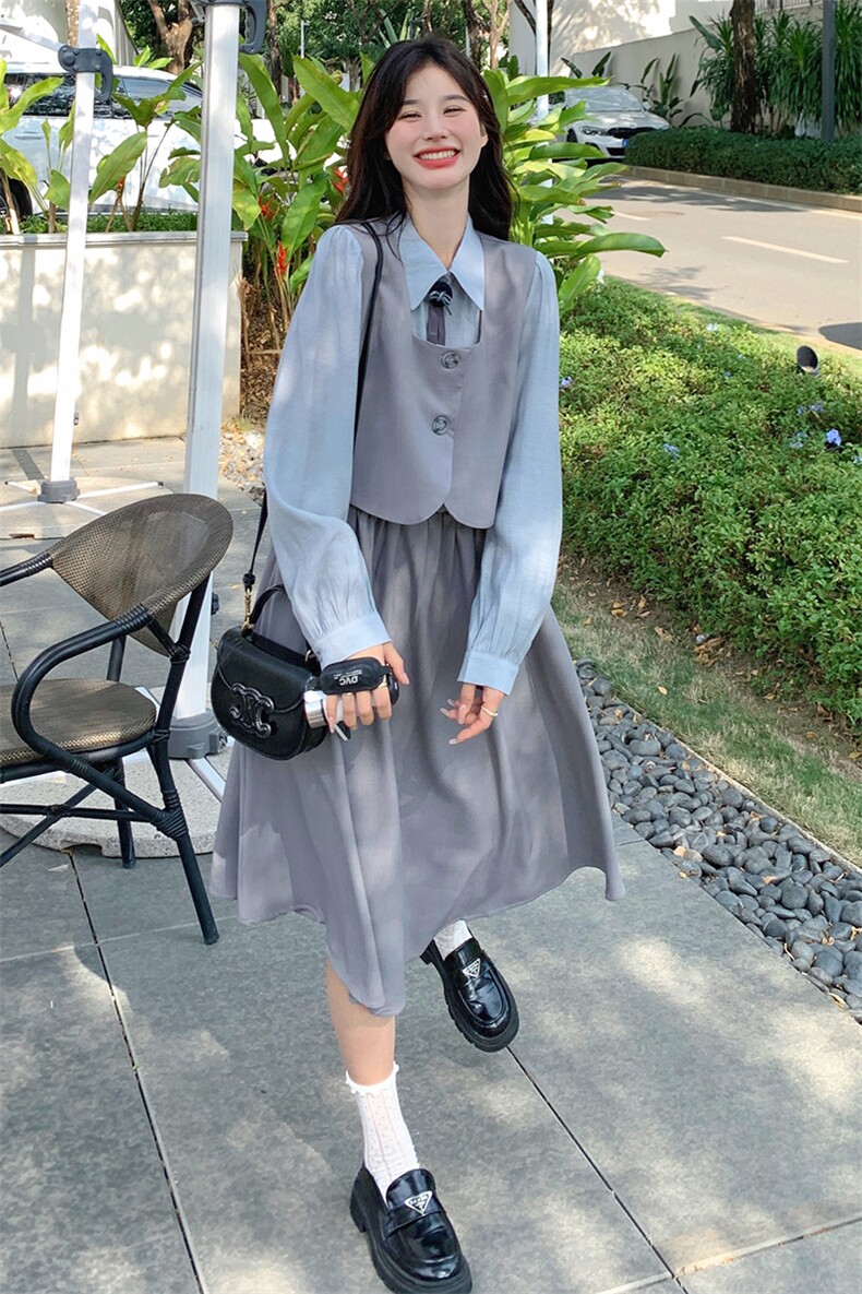 学院风减龄假两件灰色连衣裙女春秋长袖衬衫裙韩系小清新文艺复古,女装连衣裙,灵力轩
