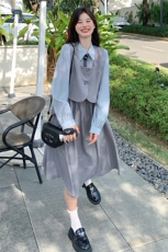 学院风减龄假两件灰色连衣裙女春秋长袖衬衫裙韩系小清新文艺复古，女装连衣裙，灵力轩