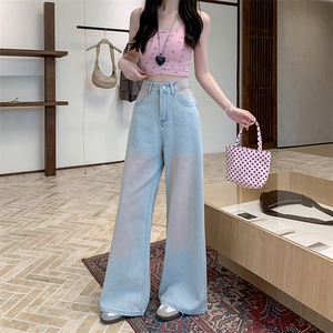 AK2219-P70美式复古烫钻牛仔裤女新款街头晕染宽松阔腿长裤图片