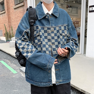 2024春季新款棋盘格拼接牛仔外套日系潮牌工装夹克现货 W8141-P68图片