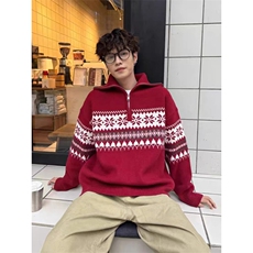 费尔岛提花针织衫男女半拉链高领毛衣慵懒感宽松潮流外套MY9605，男装针织衫/毛衣，星座516A