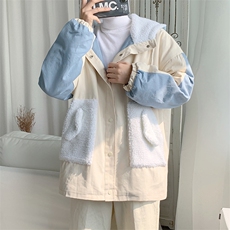 冬季加绒加厚拼接棉衣男ins宽松羊羔毛休闲连帽棉服W2214-P62，男装棉衣，星座512-2