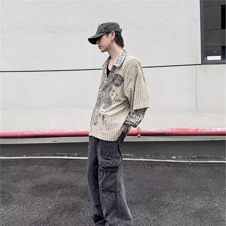 大码坑条v领长袖打底针织衫新款别致褶皱修身显瘦上衣NWY116,男装T恤,星座208-5