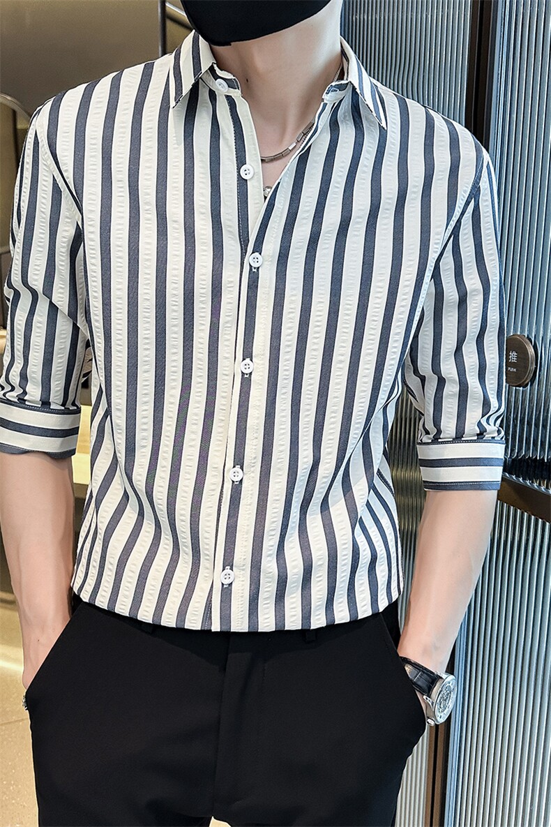 夏季男士七分袖印花衬衫男休闲修身条纹衬衣A236-A41-P55,男装衬衫,电商A236