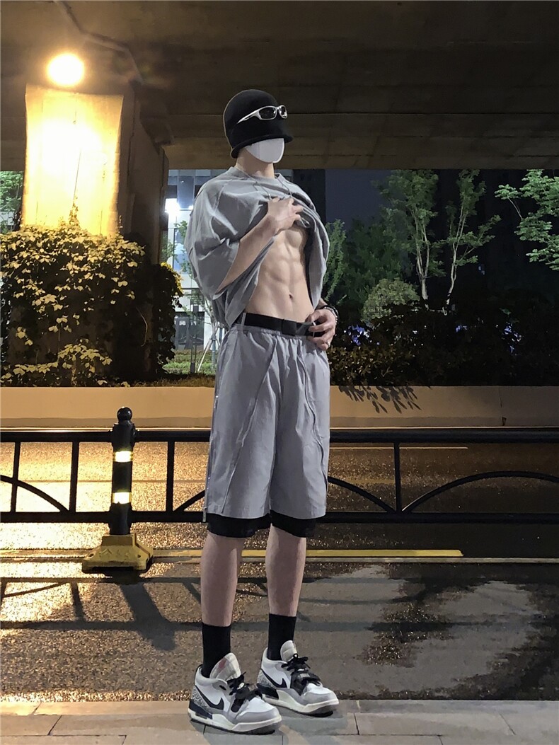 B221美式ins高街暗黑小众假两件休闲短裤五分裤LK23062-P55控78,男装休闲裤,电商B221