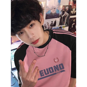 夏季美式高街重磅纯棉三条杠织带插肩撞色男女短袖T恤CZ180-特P25图片